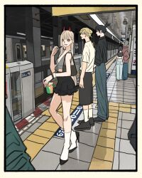  2girls 3boys back bag black_skirt blonde_hair blunt_bangs bracelet chainsaw_man denji_(chainsaw_man) eating handbag hayakawa_aki higashiyama_kobeni high_heels high_ponytail highres hood hoodie horns jewelry long_hair looking_at_viewer mask multiple_boys multiple_girls power_(chainsaw_man) profile red_horns short_hair skirt socks takeuchi_ryousuke train_station violence_fiend_(chainsaw_man) white_socks 