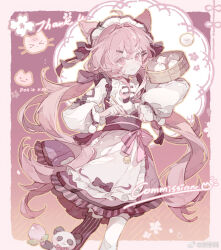  1girl animal_ears apron asymmetrical_legwear bamboo_steamer baozi border bow bow_apron bow_legwear bowtie brown_thighhighs cat_ears cherry_blossoms chinese_clothes chinese_commentary chopsticks closed_mouth colored_eyelashes commentary_request commission cowboy_shot dot_nose eyelashes flower food frilled_skirt frilled_sleeves frills fruit gradient_background grey_bow hair_between_eyes hair_bow hair_ornament hairclip holding holding_chopsticks koiliblikas leaf light_blush light_particles long_hair long_sleeves looking_at_viewer loose_hair_strand low_twintails maid maid_headdress miniskirt mismatched_legwear original outline outside_border panda peach petals pink_background pink_bow pink_eyes pink_flower pink_hair pink_skirt pink_theme puffy_long_sleeves puffy_sleeves red_bow red_bowtie sample_watermark shirt single_stripe skirt sleeve_bow smile solo standing striped_background striped_bow striped_clothes striped_thighhighs thigh-highs traditional_bowtie transparent_border twintails vertical-striped_clothes vertical-striped_thighhighs very_long_hair waist_apron waist_bow watermark weibo_watermark white_apron white_shirt white_thighhighs yellow_outline zettai_ryouiki 