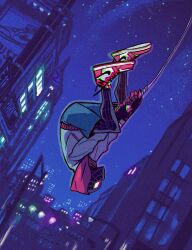  1boy bodysuit city gabriel_picolo highres holding hood jacket male_focus marvel night night_sky nike_(company) shorts sky solo spider-man_(series) star_(sky) upside-down 