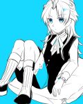  1boy blue blue_background blue_eyes inazuma_eleven_(series) inazuma_eleven_go inazuma_eleven_go_chrono_stone long_hair male matsukaze_tenma matsukaze_tenma_(mixi_max_arthur_ou) monochrome nano_(lanthan00) simple_background sitting solo 