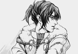  1boy armor black_shirt cape cape_clasp collared_shirt commentary english_commentary felix_hugo_fraldarius fire_emblem fire_emblem:_three_houses fur-trimmed_cape fur_trim greyscale hair_between_eyes half-closed_eyes layered_clothes leather_armor male_focus monochrome parted_lips ponytail profile ruebird shirt short_ponytail simple_background solo turtleneck upper_body white_background 