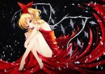  1girl blonde_hair chirarizushi flandre_scarlet leg_hug naked_sheet no_hat petals red_eyes side_ponytail smile touhou wings 