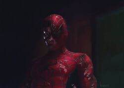  1boy absurdres artist_name bodysuit brown_eyes brown_hair english_commentary frown highres looking_down making-of_available male_focus marvel neoruke peter_parker realistic red_bodysuit revision solo spider-man spider-man_(series) spider-man_1_(2002) spider_web_print torn_bodysuit torn_clothes torn_mask 