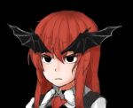  1girl bat_wings black_background black_eyes eyebrows face fuente koakuma no_ears red_eyes redhead serious simple_background solo thick_eyebrows touhou wings 