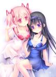  2girls akemi_homura alternate_breast_size black_hair bra breasts dress hair_ribbon hairband kaname_madoka large_breasts long_hair looking_at_viewer mahou_shoujo_madoka_magica multiple_girls pink_eyes pink_hair ribbon short_hair short_twintails sitting skf smile twintails underwear violet_eyes white_dress 