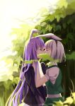  1girl 2girls animal_ears blazer closed_eyes hair_ribbon hands_on_another&#039;s_shoulders kiss konpaku_youmu long_hair long_sleeves multiple_girls outdoors plant profile puffy_short_sleeves puffy_sleeves purple_hair rabbit_ears reisen_udongein_inaba ribbon shen_yi short_hair short_sleeves silver_hair standing touhou tree vest yuri 