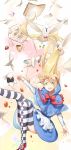  alice_in_wonderland apron bird blonde_hair book bow cake cape cup dove falling food green_eyes original panda_(pandadesu) rabbit skirt striped striped_legwear teacup 