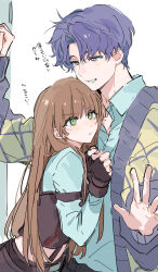  1boy 1girl :o absurdres angry belt black_gloves blue_shirt brown_hair collared_shirt couple cowboy_shot curtained_hair fingerless_gloves gloves green_eyes hand_up hands_up head_on_head head_rest height_difference hetero highres keita_kg85 long_hair long_sleeves looking_at_another looking_down love_and_deepspace midriff open_hand palms parted_lips protagonist_(love_and_deepspace) purple_hair rafayel_(love_and_deepspace) shirt short_hair simple_background sketch straight_hair translation_request v-shaped_eyebrows very_long_hair very_short_hair white_background 