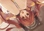  1girl blush brown_eyes brown_hair long_hair looking_at_viewer mishima_kurone open_mouth original solo squatting translation_request upside-down 