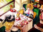  2girls alice_margatroid apron blonde_hair blue_eyes bow box capelet chirarizushi cloth cookie doll food frills hair_bow hairband hat hat_bow kirisame_marisa light_particles lolita_hairband long_hair multiple_girls needle pillow scissors sewing sewing_kit sewing_needle shanghai_doll short_hair sitting touhou witch_hat 