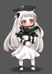  1girl ahoge airplane dress gomasionori horns kantai_collection kyuushuu_j7w_shinden long_hair mittens northern_ocean_hime object_hug open_mouth pale_skin red_eyes solo standing wavy_mouth white_dress white_hair 