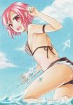  1girl bikini fujiwara_minaho lisbeth lisbeth_(sao-alo) pink_hair pointy_ears red_eyes shorts swimsuit sword_art_online traditional_media 