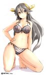  1girl bare_legs bare_shoulders barefoot bikini black_bikini black_hair blush breasts brown_eyes collarbone front-tie_bikini front-tie_top hand_on_hip haruna_(kantai_collection) headgear highres kantai_collection kneeling long_hair momo_(higanbana_and_girl) navel side-tie_bikini solo striped striped_bikini striped_swimsuit sweat swimsuit toes twitter_username white_background 