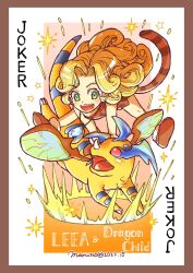  1girl blonde_hair border brown_border brown_footwear brown_tunic card character_name child chrono_cross crystal curly_hair dated draggy_(chrono_cross) dragon full_body green_eyes highres horns jewelry joker_(playing_card) jumping leah_(chrono_cross) long_hair maruno open_mouth parted_bangs pendant playing_card red_eyes single_horn smile striped_tail tail tunic twitter_username 