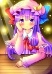  1girl blush capelet chocolat_(momoiro_piano) crescent hair_ribbon hand_on_another&#039;s_face hand_on_own_cheek long_hair long_sleeves looking_at_viewer mob_cap open_mouth patchouli_knowledge purple_hair red_ribbon ribbon solo touhou tress_ribbon very_long_hair violet_eyes 