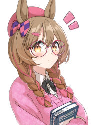  1girl alternate_costume alternate_hairstyle animal_ears bananatsukis bespectacled blush book braid breasts brown_eyes brown_hair glasses hair_between_eyes hair_ornament hat highres horse_ears horse_girl portrait ribbon small_breasts smart_falcon_(umamusume) solo twin_braids umamusume white_background 