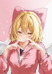  1girl absurdres blonde_hair blush bow closed_mouth gengetsu_(touhou) hair_bow heart heart_hands highres long_sleeves looking_at_viewer pink_bow short_hair solo touhou touhou_(pc-98) upper_body white_wings wings xiaoxijino yellow_eyes 