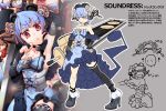  1girl bare_shoulders blue_hair breasts character_name hand_on_hip huge_weapon original red_eyes short_hair solo soundress_(t.a.k.) t.a.k. translation_request weapon 
