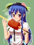  1girl :t blue_hair dress eating food food_on_face fruit hat highres hinanawi_tenshi honda_takaharu long_hair meat peach puffy_short_sleeves puffy_sleeves red_eyes short_sleeves sword sword_of_hisou touhou weapon 