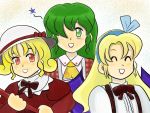  3girls blonde_hair blush_stickers closed_eyes dai3wakusei demon_wings elly green_eyes green_hair hair_ribbon hat kazami_yuuka kazami_yuuka_(pc-98) kurumi_(touhou) multiple_girls plaid plaid_vest red_eyes ribbon shirt suspenders takemoto_izumi_(style) touhou touhou_(pc-98) wings 