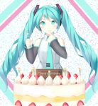  1girl aqua_eyes aqua_hair butatikin cake candle detached_sleeves finger_to_mouth food fork fruit happy_birthday hatsune_miku headphones highres long_hair necktie see-through smile solo strawberry twintails very_long_hair vocaloid 