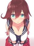  1girl aqua blew_andwhite blush breasts brown_eyes cleavage downblouse face highres kantai_collection large_breasts leaning_forward long_hair looking_at_viewer noshiro_(kantai_collection) school_uniform serafuku skirt solo v_arms white_background 