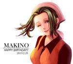  1girl 2013 character_name dated green_eyes green_hair happy_birthday head_scarf highres makino_(one_piece) one_eye_closed one_piece portrait simple_background smile solo white_background yumiyokiak 