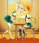  2girls alternate_costume bangs bloody_marie_(skullgirls) blush classroom closed_eyes flat_chest good_end incipient_kiss multiple_girls nappooz orange_hair parted_bangs peacock_(skullgirls) red_eyes school_desk school_uniform serafuku short_hair sitting skullgirls twintails what_if white_hair yuri 