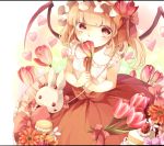 1girl alternate_costume bare_arms blonde_hair bow cake cookie flandre_scarlet flower food hat hat_bow heart highres looking_at_viewer mob_cap red_eyes senju_(uroakono) shirt skirt sleeveless sleeveless_shirt smelling_flower solo stuffed_animal stuffed_bunny stuffed_toy touhou wings 
