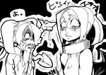  2girls blood blush carol_(skullgirls) empty_eyes full-face_blush hair_over_one_eye higa_norio highres leviathan_(skullgirls) monochrome multiple_girls nosebleed shocked_eyes side_ponytail sienna_contiello skullgirls stitched_mouth zombie 