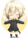  1girl ^_^ blonde_hair blush chibi closed_eyes erica_hartmann hatsumi_nekuta military_jacket outstretched_arms solo strike_witches tail wings 