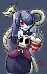  1girl absurdres arm_behind_back bare_shoulders blue_hair blue_skin blush bone detached_sleeves hair_over_one_eye highres leviathan_(skullgirls) long_hair mister_x_(shojinn) red_eyes side_ponytail sienna_contiello skullgirls smile solo stitched_mouth striped_sleeves waving wide_hips zombie 