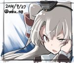  1girl amatsukaze_(kantai_collection) brown_eyes close-up dated fang hand_on_own_face headgear kantai_collection long_hair long_sleeves looking_at_viewer mku one_eye_closed open_mouth sailor_collar silver_hair solo twitter_username two_side_up 