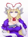  1girl blonde_hair breasts choker cleavage dress elbow_gloves fan folding_fan gloves hakusai_(tiahszld) highres large_breasts long_hair looking_at_viewer short_sleeves simple_background smile solo touhou white_background yakumo_yukari 