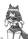  1girl animal_ears candy candy_cane closed_eyes collar cowboy_shot dog_ears dog_tail eating fur fur_trim gloves lutherniel monochrome monster_musume_no_iru_nichijou polt santa_costume signature sketch solo tail 