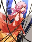  1girl back_cutout bare_shoulders breasts detached_sleeves elbow_gloves fingerless_gloves gloves guilty_crown hair_ornament hairclip highres long_hair looking_at_viewer pink_hair red_eyes smile solo twintails yuzuriha_inori 