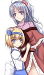  2girls alice_margatroid alice_margatroid_(pc-98) blonde_hair blue_eyes child dress hair_ribbon hand_on_head long_hair multiple_girls one_side_up puffy_short_sleeves puffy_sleeves red_dress ribbon shinki shirt short_hair short_sleeves silver_hair skirt smile suspenders touhou touhou_(pc-98) violet_eyes wendell 