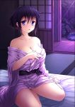  1girl bare_shoulders blue_eyes blush breasts cleavage collarbone gogatsu_no_renkyuu hair_bun japanese_clothes kimono kimono_pull looking_at_viewer night on_bed original panties pantyshot pantyshot_(sitting) purple_hair short_hair sitting solo tatami underwear yokozuwari 