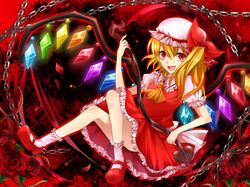  1girl :d ascot blonde_hair chain fang flandre_scarlet flower frilled_skirt frills hat hat_ribbon laevatein mob_cap open_mouth petals puffy_short_sleeves puffy_sleeves red_eyes red_rose ribbon rose short_sleeves side_ponytail skirt smile thorns touhou vest wings 