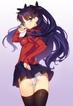  1girl ass between_fingers black_hair black_legwear blue_eyes breasts cowboy_shot fate/stay_night fate_(series) from_behind gem gradient gradient_background highres impossible_clothes impossible_shirt long_hair looking_at_viewer panties purple_background skirt solo thigh_gap tohsaka_rin toosaka_rin twintails underwear white_panties yangsion 