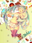  1girl camisole collar copyright_name green_eyes green_hair hatsune_miku headphones highres long_hair midriff navel open_mouth polka_dot polka_dot_legwear re:dial_(vocaloid) skirt solo thigh-highs thigh_gap twintails very_long_hair vocaloid yelsh 