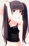  1girl adjusting_hair bangs bare_shoulders black_hair blunt_bangs bust camisole dated flat_chest gokou_ruri highres long_hair looking_at_viewer midriff navel ore_no_imouto_ga_konna_ni_kawaii_wake_ga_nai signature simple_background solo suzumeko two_side_up violet_eyes 