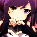 1girl black_gloves blush bust dragon_girl elbow_gloves face fingerless_gloves gloves head_fins heart heart_hands heterochromia highres leotard long_hair looking_at_viewer pikomarie pink_background purple_hair puzzle_&amp;_dragons solo sonia_(p&amp;d) vambraces violet_eyes yellow_eyes 