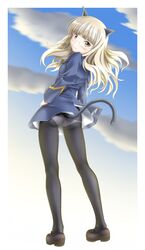  1girl animal_ears ass blonde_hair blush cat_ears from_behind glasses hand_on_hip highres long_hair looking_at_viewer looking_back military military_uniform mushoku_no_hourousha panties panties_under_pantyhose pantyhose perrine_h_clostermann solo strike_witches tail underwear uniform yellow_eyes 