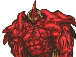  1girl abs bared_teeth black_sclera blonde_hair highres horn hoshiguma_yuugi long_hair muscle nameo_(judgemasterkou) oni parody pectorals red_eyes red_oni red_skin solo touhou tusks yuu_yuu_hakusho 