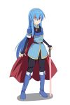  &gt;:) 1girl alternate_costume armor blue_hair boots brooch cape cato_(monocatienus) cosplay fingerless_gloves fire_emblem gloves hairband high_heel_boots high_heels highres hinanawi_tenshi jewelry long_hair marth marth_(cosplay) red_eyes solo sword_of_hisou touhou tsurime tunic very_long_hair 