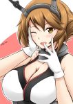  1girl bare_shoulders blush breasts brown_eyes brown_hair bust cleavage fuuma_nagi gloves hairband hand_on_own_face headgear kantai_collection looking_at_viewer mutsu_(kantai_collection) one_eye_closed open_mouth short_hair twitter_username white_gloves 