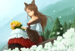  1girl absurdres animal_ears breasts brooch brown_eyes brown_hair cleavage dress flower highres imaizumi_kagerou jewelry koshi_(koshi_vortex) long_hair looking_at_viewer nature sitting sitting_on_rock solo tail touhou wolf_ears wolf_tail 