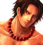  1boy beads black_hair brown_eyes freckles male one_piece portgas_d_ace portrait prayer_beads shirtless short_hair simple_background smile solo white_background yumiyokiak 