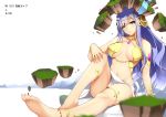  1girl arm_support armlet bare_shoulders barefoot blue_hair bracelet breasts circlet dean floating_rock gaia_(p&amp;d) green_eyes jewelry long_hair looking_at_viewer navel puzzle_&amp;_dragons sitting solo 
